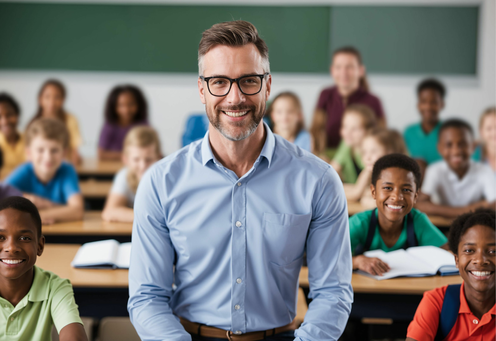 Un enseignant de sexe masculin se tient devant une classe d'élèves du primaire.