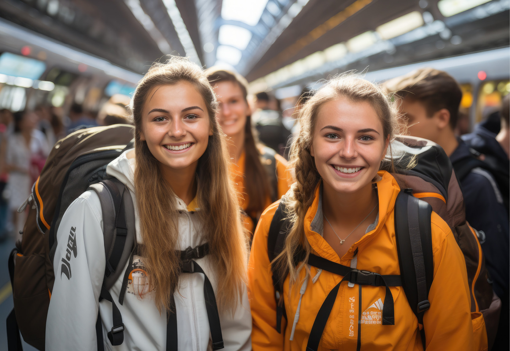 Deux jeunes femmes avec un sac à dos sur le dos se tiennent dans la foule sur un quai de gare.