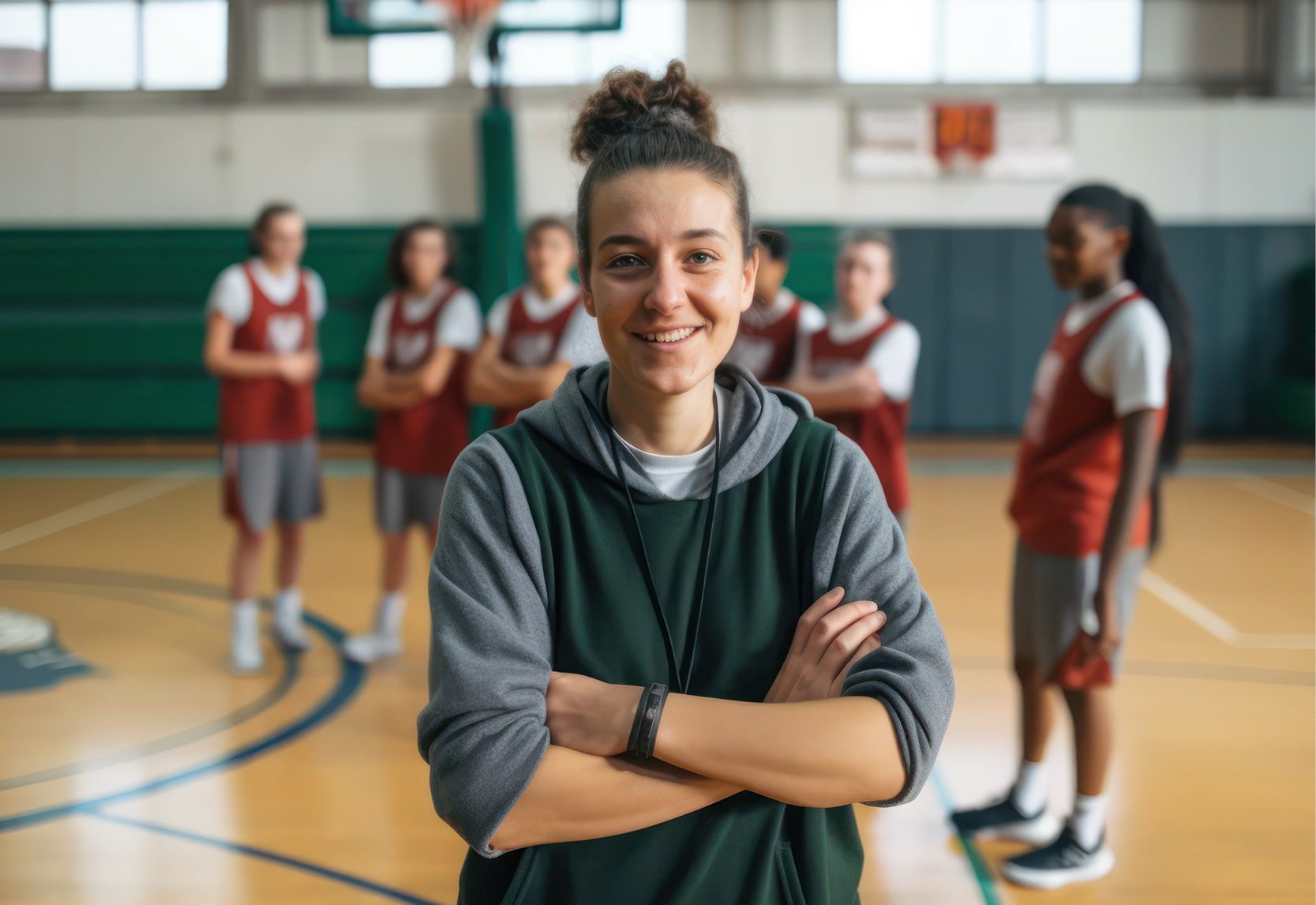 Une jeune femme se tient debout, les bras croisés, sur un terrain de basket-ball, avec ses coéquipiers en arrière-plan.